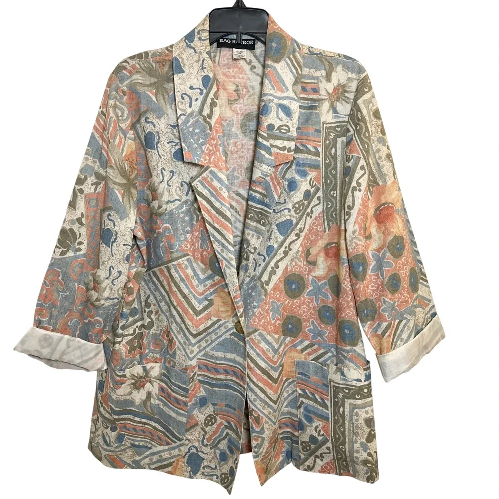 Sag Harbor Blazer Jacket Size 14 Abstract Pastel Floral Pattern 3/4 Sleeve NWOT